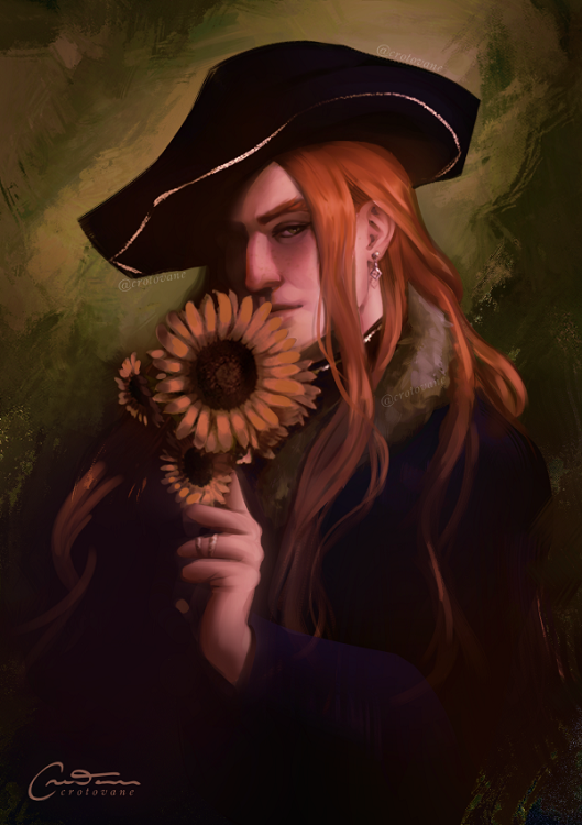 elliott from stardew valley wearing a period hat and holding a sunflower