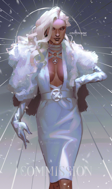 a woman in a luxurious latex dress and white furs