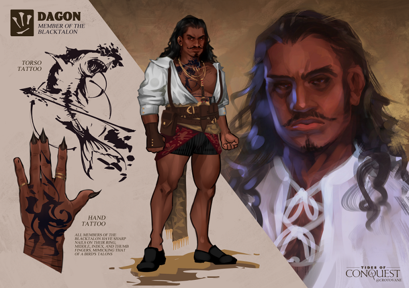 a character sheet of a muscular man in pirate clothing