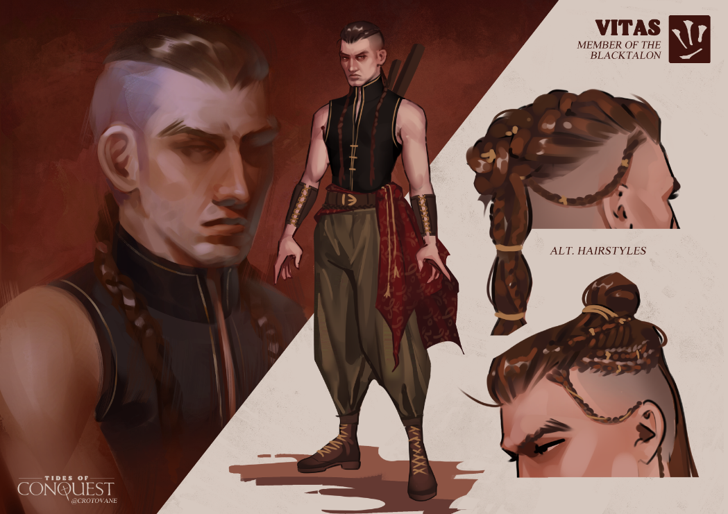 a character sheet of a man with viking styled hair and monk clothing