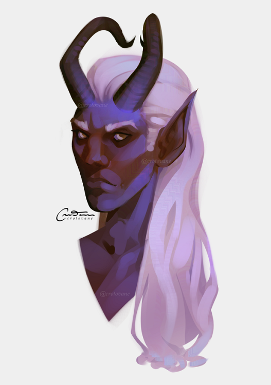 a purple tiefling with light pink hair and a very pointed stare