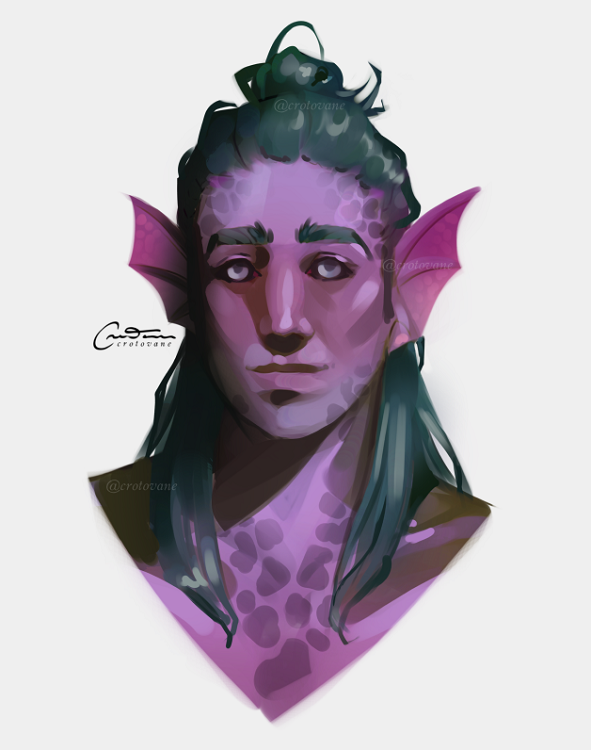 portrait of a purple triton with long green hair in a bun