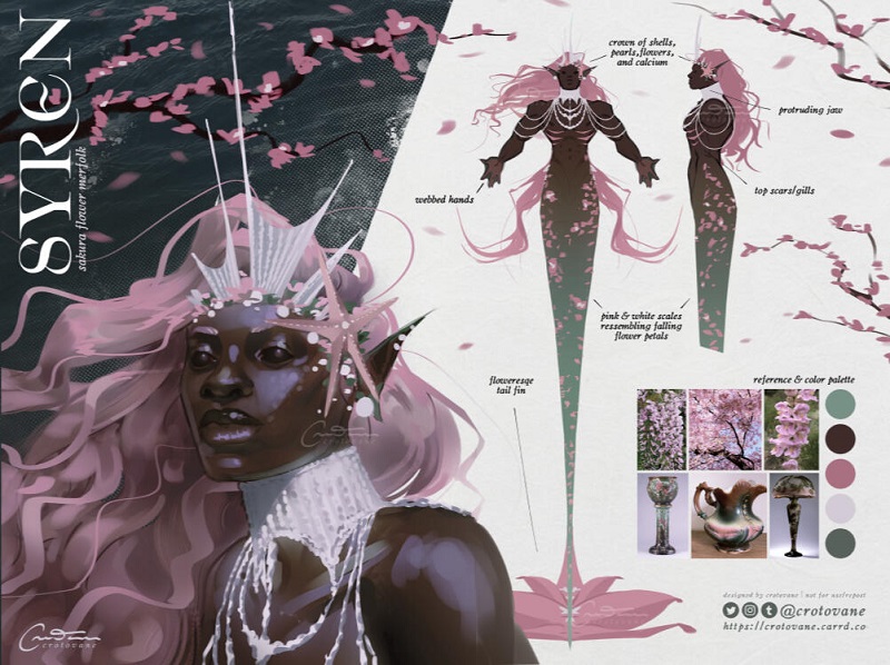 a merfolk with dark skin and pink hair