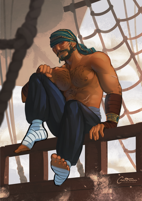 a shirtless pirate sitting on the edge of a ship