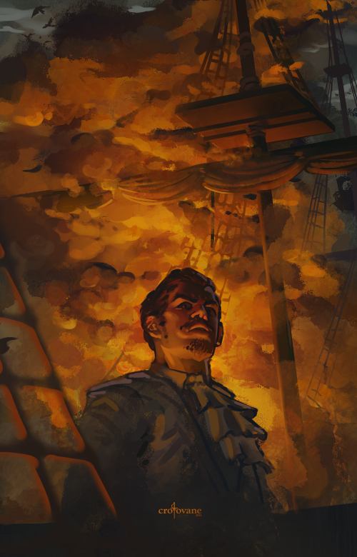 a man silhouetted against a burning ship