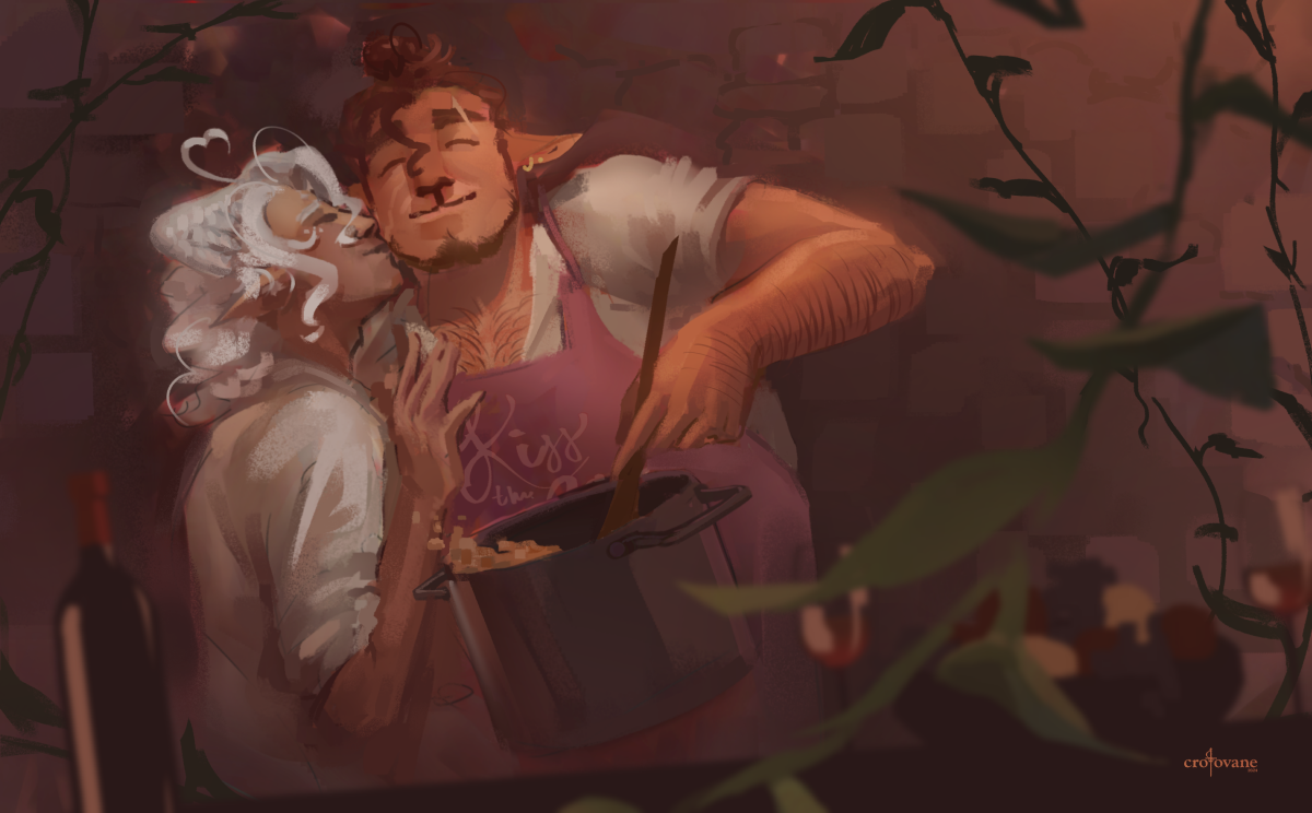 two characters sharing a kiss while cooking a meal