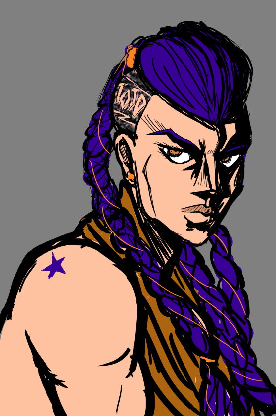 sketch of a jojo oc with purple viking hair and a star on his shoulder