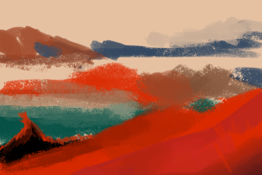 an unfinished sketch of a colorful desert