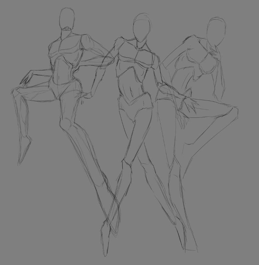 three sketches of poses blocked out with jojo characters proportions