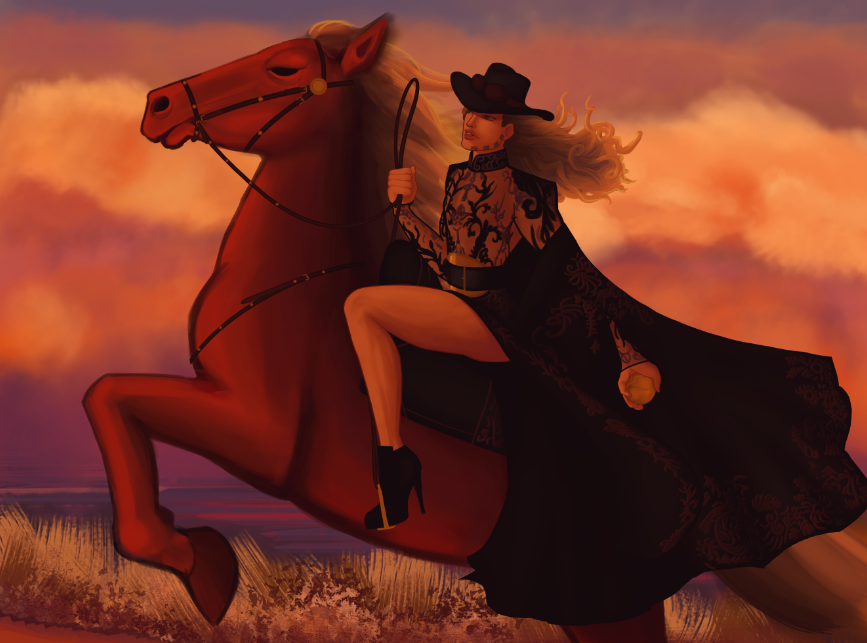 gyro zeppeli riding his horse in a black dress