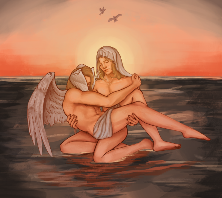 johnny and gyro posted like la pieta with religious imagery in the middle of an ocean