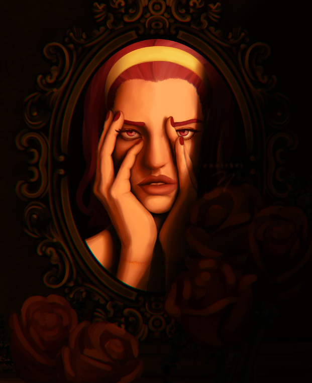 reimi from jojo's looking scared at herself in a mirror with roses in the foreground