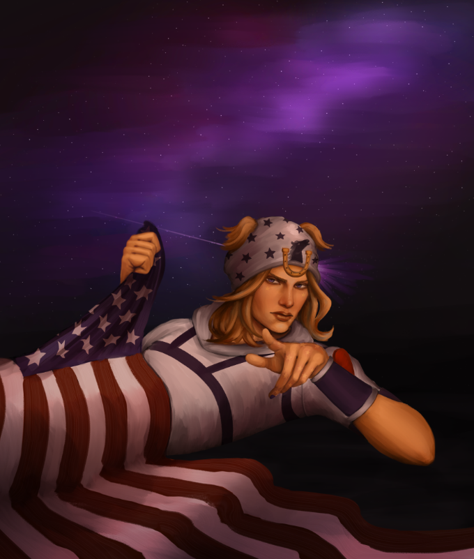 johnny joestar wrapped in an american flag under a purple starry sky