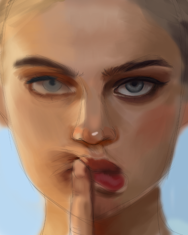 unfinished study of a girl with a finger to her lips