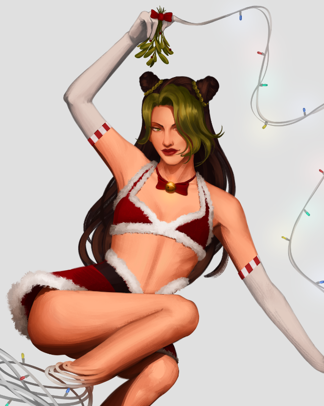 jolyne in a sexy santa outfit unravelling herself into christmas lights