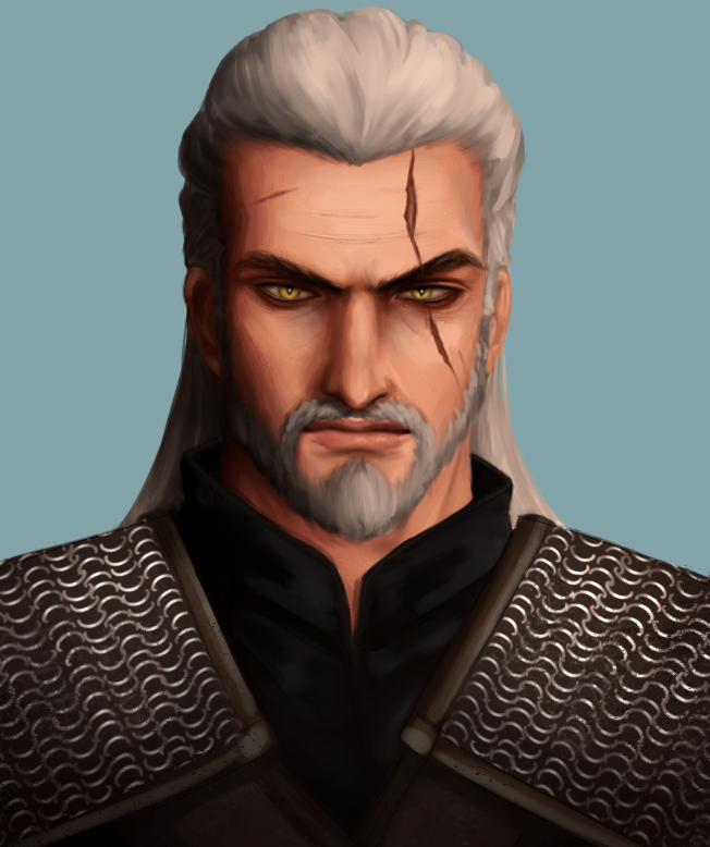 portrait of geralt from the witcher wearing chainmail armor