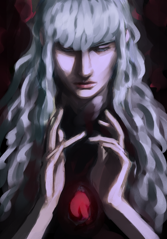 an unfinished drawing of griffith from berserk holding a behelit