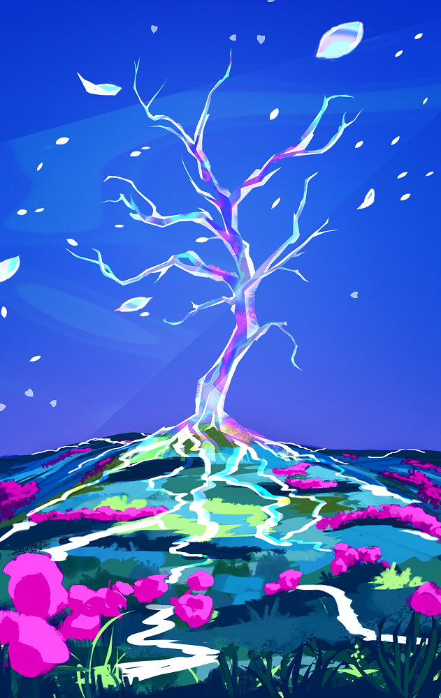 a crystalline tree growing from a field of blues and greens, and pink flowers