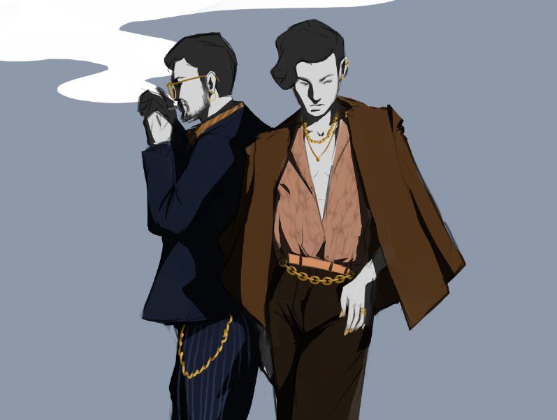 two men dressed in yakuza outfits