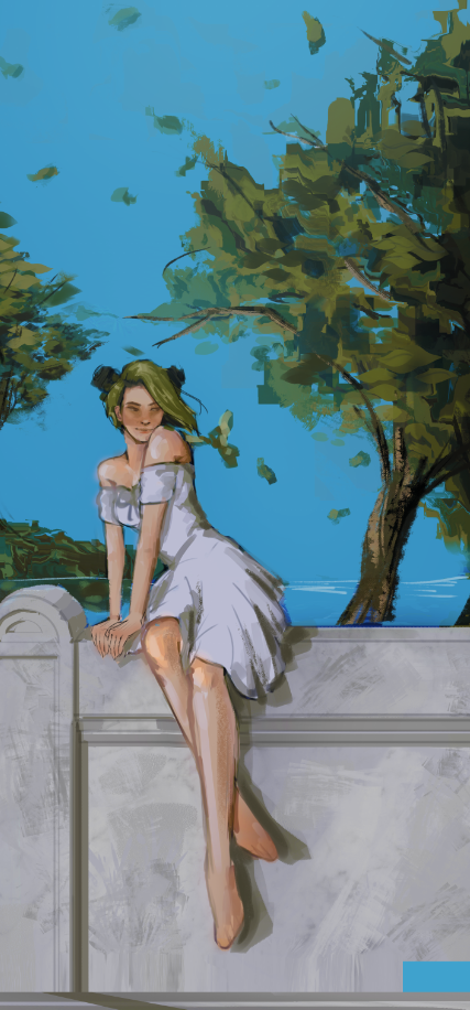 jolyne in a white dress sitting on stone architecture