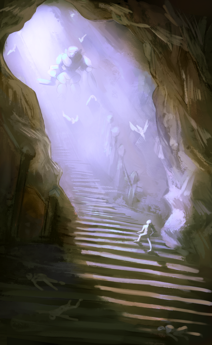 a guy climbing up stairs in a cave where a colossi sits at the top