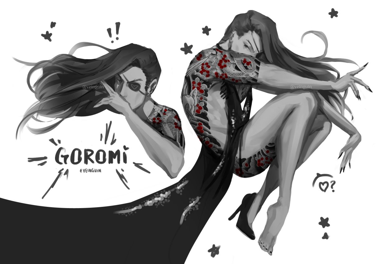 goromi painted in black and white with red accents on her irezumi tattoo