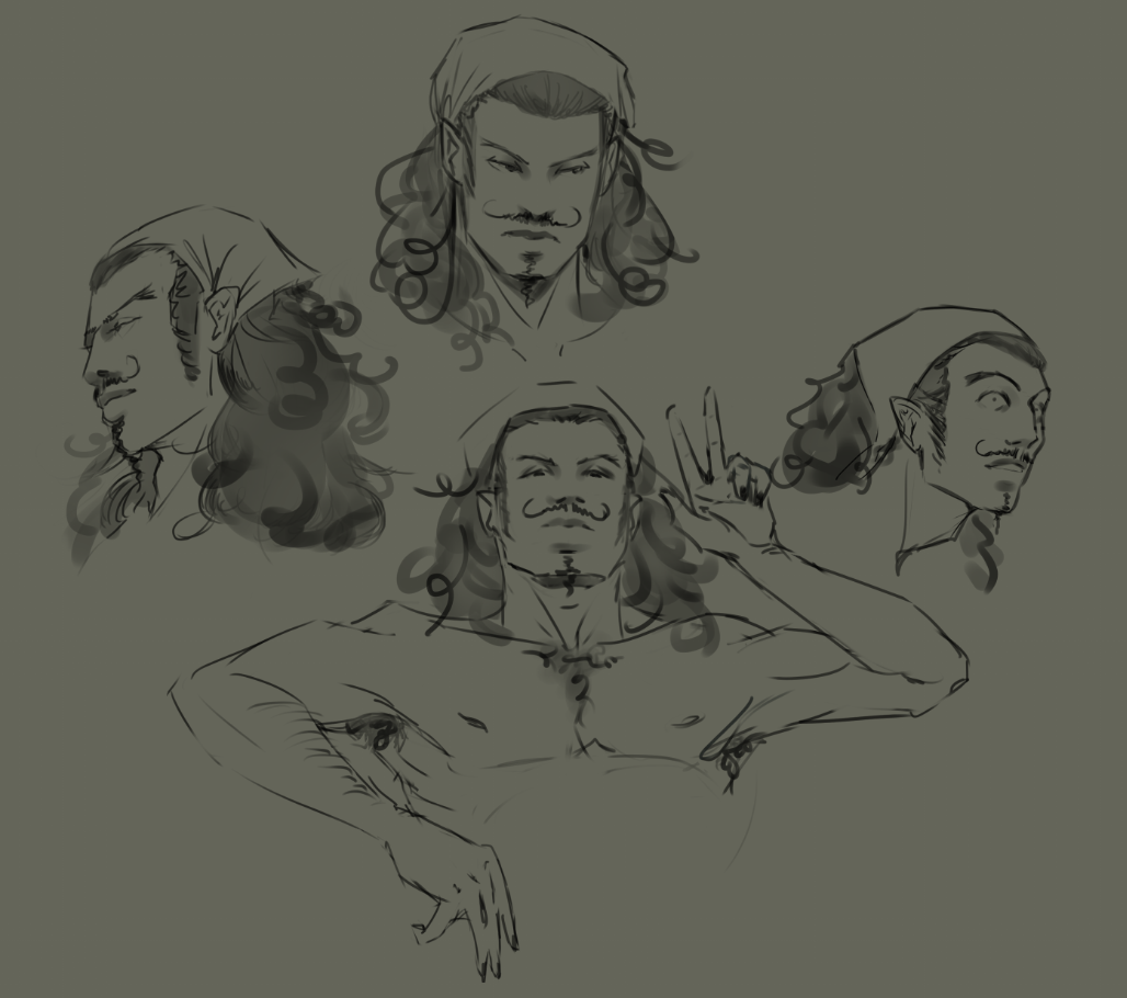 sketches of a buff guy with long curly hair