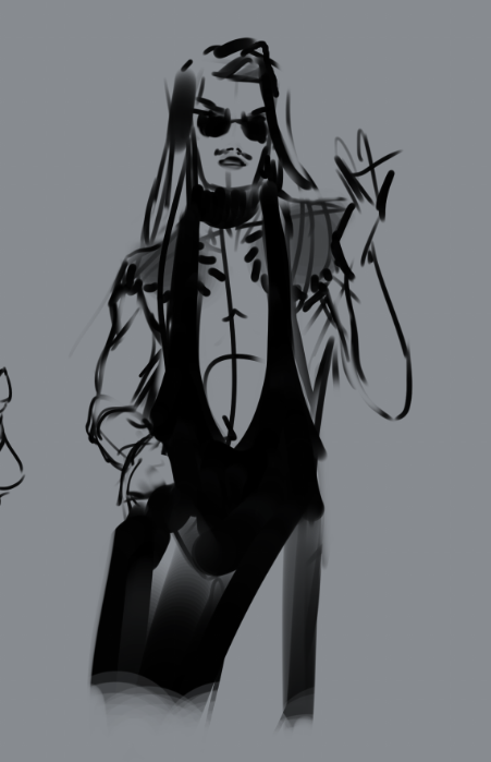 sketch of majima with long hair, sunglasses, and a black dress holding a cigarette