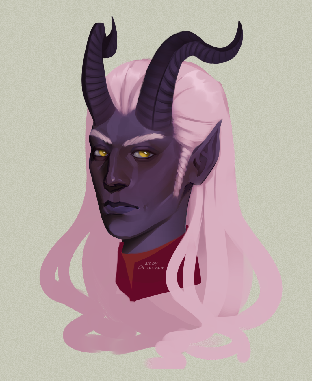 a purple tiefling with pink hair