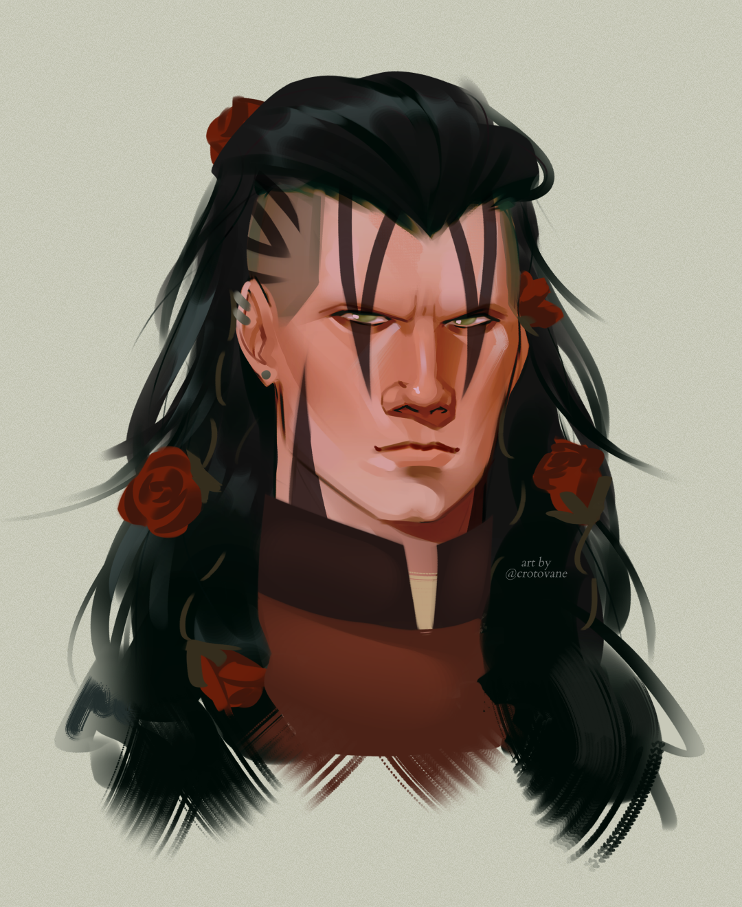 a goliath with face tattoos and roses in his hair