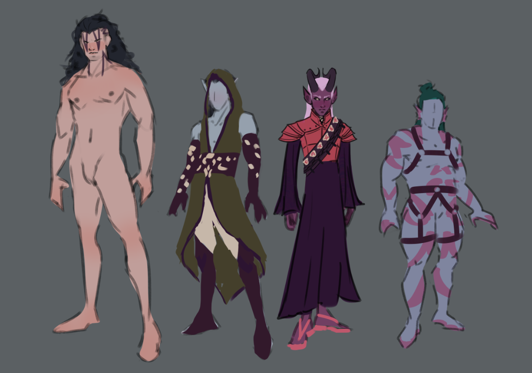 unfinished sketches of four dnd characters