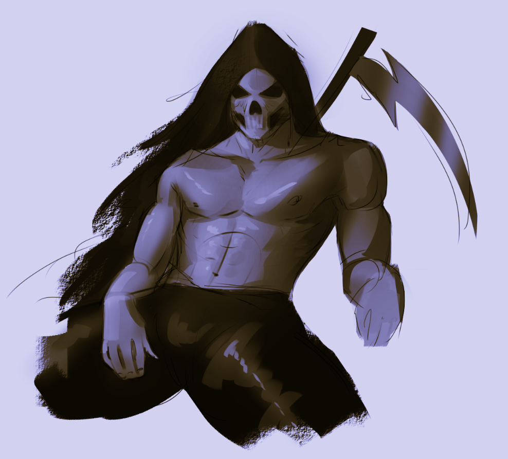 a sexy shirtless grim reaper