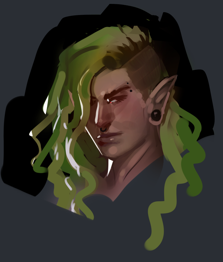 an elf with tan skin and green hair