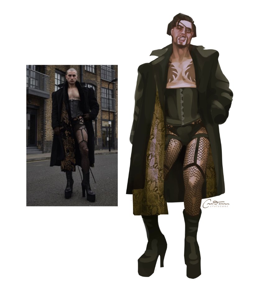 majima wearing a slutty corset with a fur coat and heels