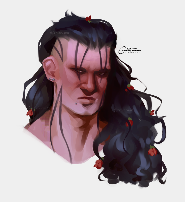 a goliath with face tattoos and roses in his hair