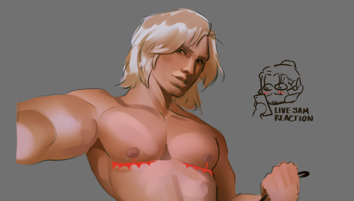 topless raiden from metal gear with top scars, chibi sketch of sam eyes wide and blushing captioned 'live sam reaction'