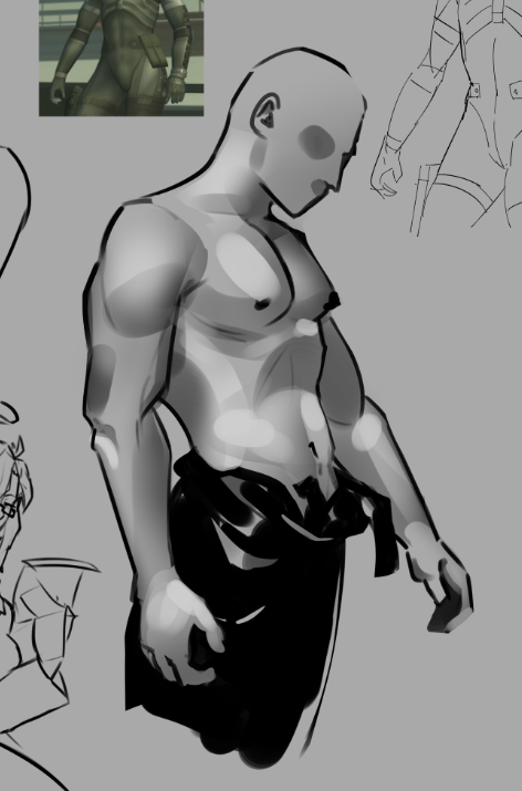 sketch of a shirtless buff man