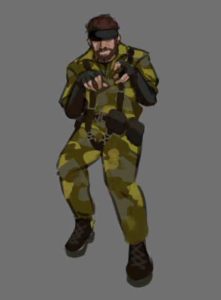 naked snake from snake eater standing holding his hands like with t-rex claws