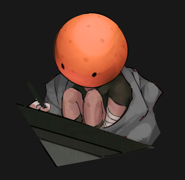 a child with an orange ball for a head drawing on a tablet