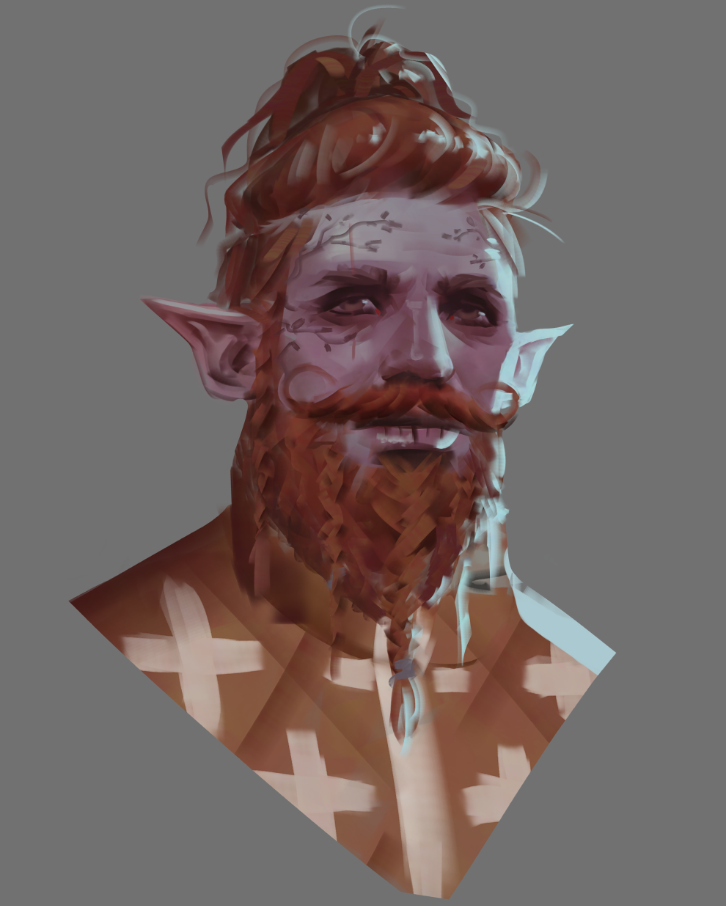 elf with a braided ginger beard and a bun