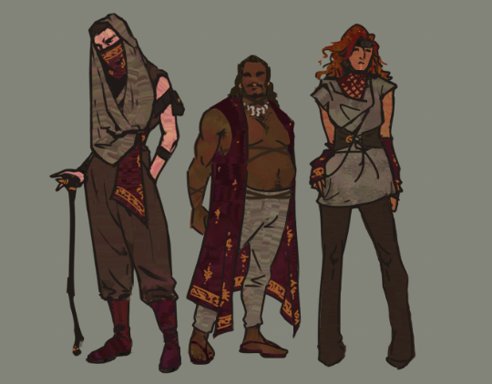 three pirates dressed in brown, grey, and maroon rags