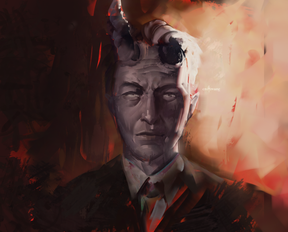 a purple demon in lawyer attire painted as saul goodman from the better call saul promo photo