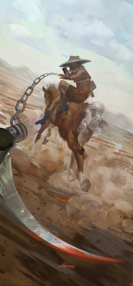 a woman on horseback points her gun and flings her scythe to the viewer, her enemy revealed in its reflection