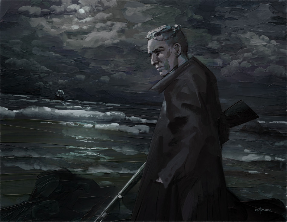 vitas in a trenchcoat overlooking a rocky shoreline, an incoming ship in the distance. he is holding a musket.