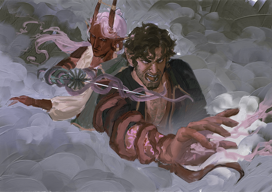 a man with tentacles wrapped over his arm shoots lightning from his hand, a red teifling behind him points his tentacle-wrapped rapier towards the camera